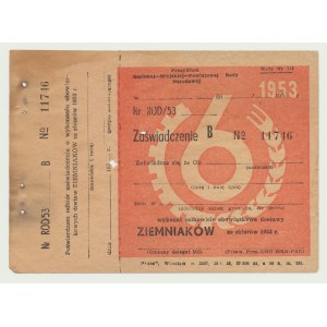 PRL, Powiatowa Rada Narodowa, poświadczenie dostawy ziemniaków 1953