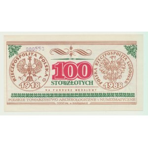 Cegiełka 100 złotych 1988, na Fundusz Medalowy PTAiN w Warszawie, numerowana 000553