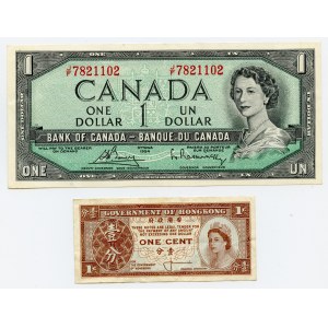 Zestaw 2 szt. Kanada 1 dolar 1954, Hongkong 1 cent (1961-1971)