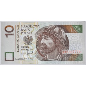 10 złotych 1994, druk TDLR Londyn, AA 0037779, dwa zera na początku