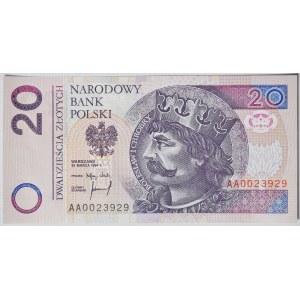 20 złotych 1994, druk TDLR Londyn, AA 0023929, dwa zera na początku
