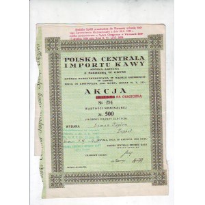 Polska Centrala Importu Kawy, akcja imienna na Simona z Zoppotów na 500 zł, 1933