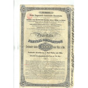 First Hungarian-Galician Iron Railway, partial priority bond for 200 guilders dated 1870.
