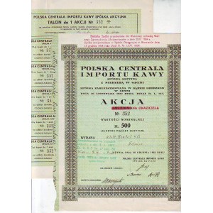 Polska Centrala Importu Kawy, akcja imienna na Klatta, Rentela & Co z Gdańska na 500 zł, 1933