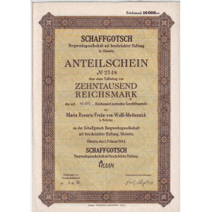 SCHAFFGOTSCH, Mine Company with limited liability, registered share of 40000 marks, Gliwice 1943.