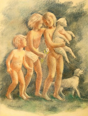Wacław Borowski (1885 Łódź – 1954 tamże) Dzieci z owieczką i psem