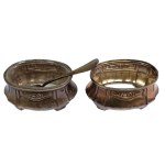 Silver-plated salt and pepper shakers with spoon