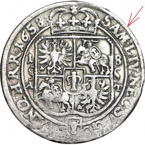 RR-, Jan Kazimierz, Ort 1658, Poznań, stemple Hohn'a, legenda SAM LI NEC (zamiast MONETA NOVA), krzyże Gdańskie na tarczy pogoni