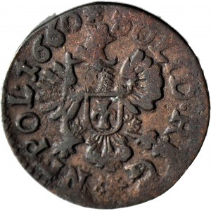 RR-, Jan Kazimierz, Szeląg 1660, Kraków, przebitka CSA/CAS, nienotowana