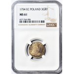RR-, August III Sas, Trojak 1754, Lipsk, szerokie popiersie, menniczy