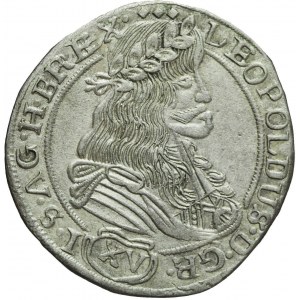 Silesia, Leopold I, 15 krajcars 1677 SHS, Wrocław, three rhombuses overhead, rare