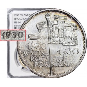 RRR-, 5 złotych 1930, Sztandar, WYŚMIENITY, zdwojenie daty w lewo, B. RZADKIE