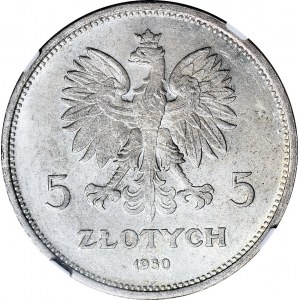 RRR-, 5 złotych 1930, Sztandar, WYŚMIENITY, zdwojenie daty w lewo, B. RZADKIE