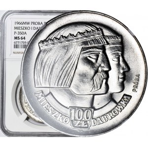 100 zlotých 1966, Mieszko a Dąbrówka, hlavy, STRIEBORNÝ PROSPEKTÍV