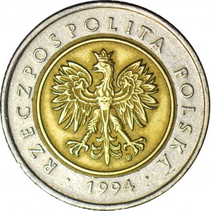 RR-, 5 złotych 1994, DESTRUKT, ODWROTKA 160 stopni