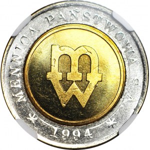 5 złotych 1994, Warszawa, PRÓBA TŁOCZENIA, data 1994 pod monogramem MW, mennicze