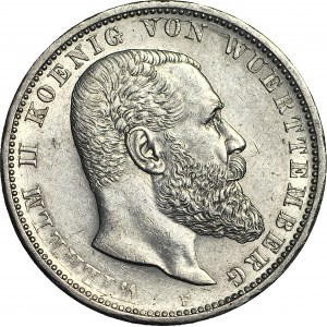Allemagne, Guillaume II, 5 marques 1908 F, Stuttgart, très beau