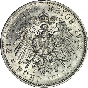 Allemagne, Guillaume II, 5 marques 1908 F, Stuttgart, très beau