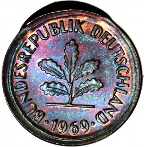 R-, Niemcy, 1 fenig 1969 G, DESTRUKT - dwa krązki bite na raz