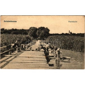 1918 Balatonkenese, Part részlet, mosás a Balatonban, nádas. Rosenthal Dávid kiadása (EK)