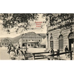 Brassó, Kronstadt, Brasov; Augerplatz / Porond tér, piac, Mathias Wolf, W. Stadlmüller üzlete. J.M.N. / plac, rynek...