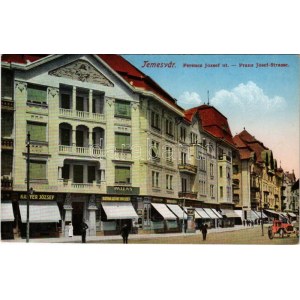 Temesvár, Timisoara; Ferenc József út, Krayer József, üzlete, Pallas Bútorszövetkezet, automobil / street, shops...