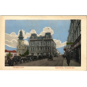 Temesvár, Timisoara; Gyárváros, Kossuth tér, Adler Ignác, Csendes és Fischer üzlete, villamos / street view, square...