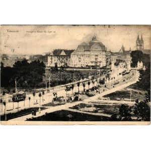 1917 Temesvár, Timisoara; Hungária fürdő és Liget út, villamosok / street, bath, trams (Rb)