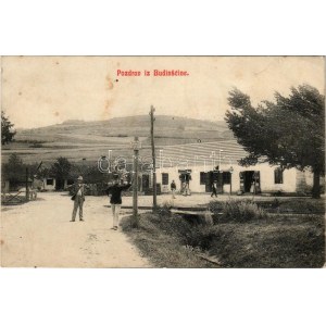 1910 Budinscine, vasútállomás, vasutas, üzletek. Márton Jenő felvétele / stazione ferroviaria, ferroviere, negozi (foto)...