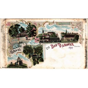 1898 (Vorläufer) Daruvár, Daruvar; Park, Bad, Kloster Pakra / fürdő, park, Pakra szerb ortodox kolostor, címer / park...