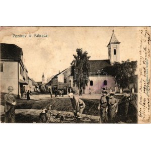Pakrác, Pakratz, Pakrac; utca és templom. Montázs kerékpáros balesettel / strada, chiesa...