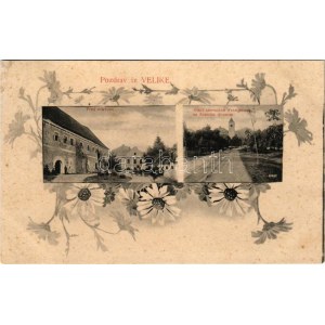 1908 Velike, Velika (Pozsega, Pozega); Pred crkvom, Stari samostan Franjevaca sa zupnim dvorom ...