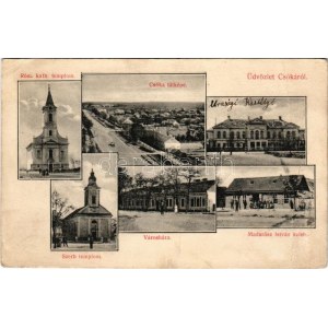 1911 Csóka, Coka (Torontál); Római katolikus és szerb templom, Urasági kastély, városháza...