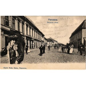 1903 Pancsova, Pancevo; Gromon utca, Trompeter Nagy szálloda, Kávéház, Marcus May üzlete. Kohn Samu kiadása, montázs ...