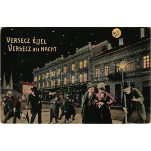 1911 Versec, Werschetz, Vrsac; Hungária szálloda éjjel. Montázs részeg férfiakkal / albergo di notte...