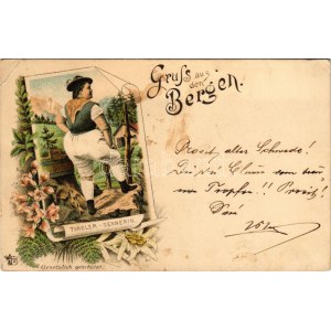 1894 (Vorläufer) Tirol, Gruss aus den Bergen, Tiroler Sennerin / Tyrolean dairymaid, folklore. Art Nouveau, floral...