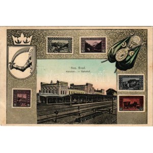 1908 Bosanski Brod, Kolodvor / Bahnhof / railway station. Art Nouveau montage with stamps, coat of arms and flags (fl...