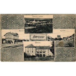 1928 Batelov, Battelau; Nadrazi, Celkovy pohled, Námesti, Zámek / railway station, general view, square with church...