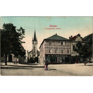 1907 Cáslav, Evangelicky kostel / Lutheran church, shop of A. Kumerman (small tear)