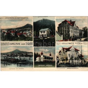 1916 Chrochvice, Krochwitz; Gruss aus Krochwitz a. Elbe, Krochwitz mit Hopfenberg, Immenheim, Schule...