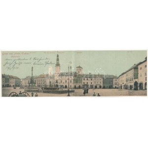 1900 Moravská Trebová, Mährisch Trübau; Stadtplatz, Marien-Säule, Kaiser Franz-Josef-Brunnen, Rathhausthurm...