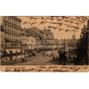 1901 Praha, Prag; Der Wenzelsplatz / námestie, električka, obchod A. Bauera (fl)