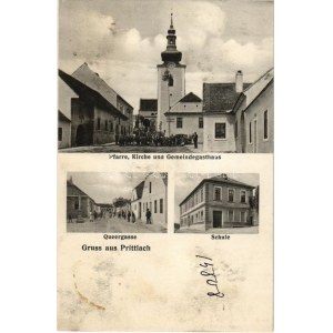 Prítluky, Prittlach; Pfarre, Kirche, Gemeindegasthaus, Queergasse, Schule / church, parish, hotel and restaurant...