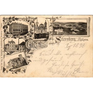 1898 (Vorläufer) Sternberk, Sternberg in Mähren; Schloss, Nonnenkloster, K. k. Webeschule, Pfärrkirche, total-ansicht ...