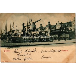 1900 Štětín, Štětín; Freihafen / přístav, loď, průmyslová železnice, vlak (EK)
