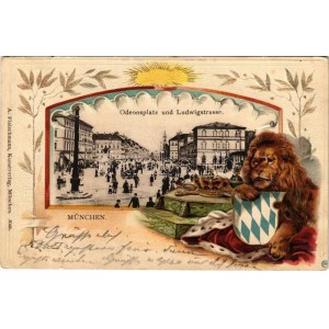 1901 München, Munich; Odeonsplatz und Ludwigstrasse. A. Fleischmann Art Nouveau, embossed litho