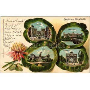 München, Munich; Karlstor, Maximilianeum, Bavaria, Siegestor. Art Nouveau Emb. litho clovers (cut)