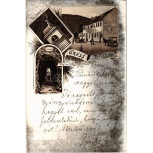 1894 (Vorläufer) Treseburg, Pfeil Denkmal, Wilhelms Blick, Gartenrestaurant und Pt. Kegelbahn G. Müller / monument...
