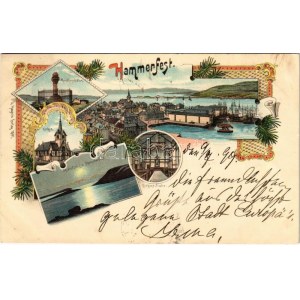 1899 (Vorläufer) Hammerfest, Meridianstötten, Kirkens Indre, Midnatsol / monument, church interior, night. G...