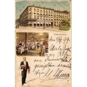 1899 (Vorläufer) Oslo, Christiania, Kristiania; Grand Hotel interior with waiter. Art Nouveau, litho (wet damage...